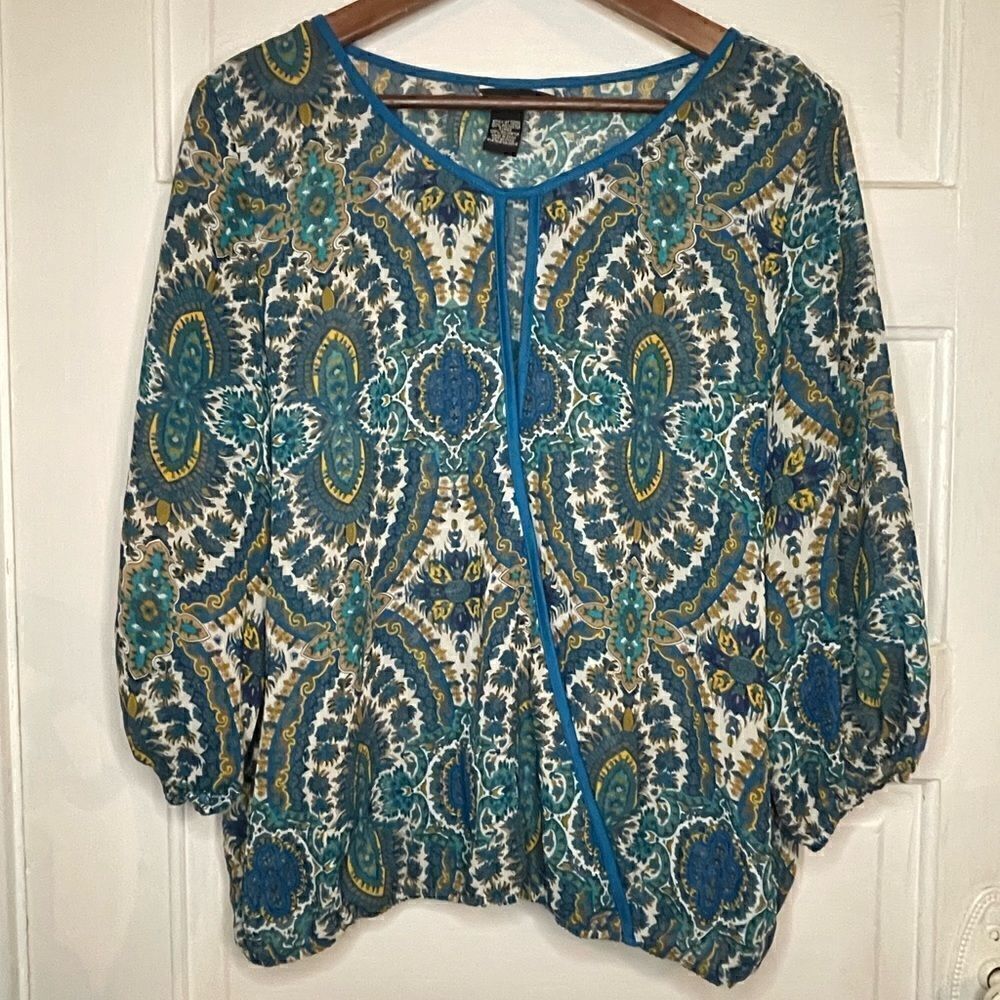 Jules and Leopold Sheer Blue Design Wispy Top w/ Open Keyhole & Bishop Sleeve - Picture 2 of 9